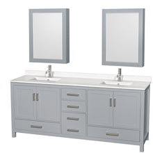 Load image into Gallery viewer, Wyndham Sheffield 80 Inch Double Bathroom Vanity in Gray, White Quartz Countertop, Undermount Square Sinks, Medicine Cabinets- Wyndham