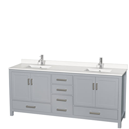 Wyndham Sheffield 80 Inch Double Bathroom Vanity in Gray, White Quartz Countertop, Undermount Square Sinks, No Mirror- Wyndham