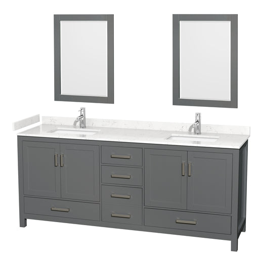 Wyndham Sheffield 80 Inch Double Bathroom Vanity in Dark Gray, Carrara Cultured Marble Countertop, Undermount Square Sinks, 24 Inch Mirrors- Wyndham