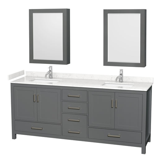 Wyndham Sheffield 80 Inch Double Bathroom Vanity in Dark Gray, Carrara Cultured Marble Countertop, Undermount Square Sinks, Medicine Cabinets- Wyndham
