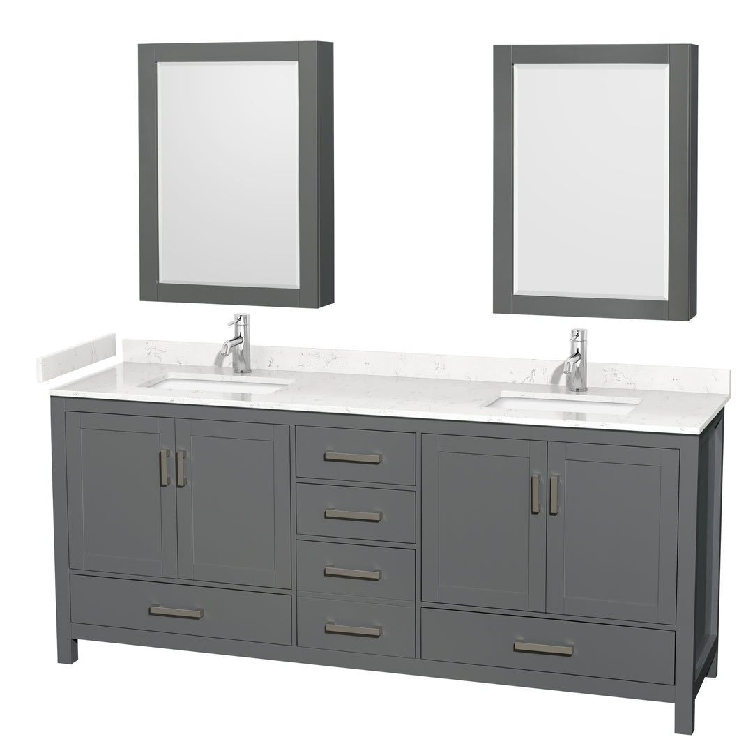 Wyndham Sheffield 80 Inch Double Bathroom Vanity in Dark Gray, Carrara Cultured Marble Countertop, Undermount Square Sinks, Medicine Cabinets- Wyndham
