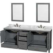 Load image into Gallery viewer, Wyndham Sheffield 80 Inch Double Bathroom Vanity in Dark Gray, White Carrara Marble Countertop, Undermount Oval Sinks, and 24 Inch Mirrors- Wyndham