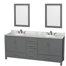 Load image into Gallery viewer, Wyndham Sheffield 80 Inch Double Bathroom Vanity in Dark Gray, White Carrara Marble Countertop, Undermount Oval Sinks, and 24 Inch Mirrors- Wyndham