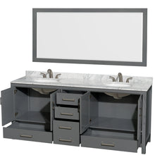 Load image into Gallery viewer, Wyndham Sheffield 80 Inch Double Bathroom Vanity in Dark Gray, White Carrara Marble Countertop, Undermount Oval Sinks, and 70 Inch Mirror- Wyndham