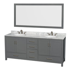 Load image into Gallery viewer, Wyndham Sheffield 80 Inch Double Bathroom Vanity in Dark Gray, White Carrara Marble Countertop, Undermount Oval Sinks, and 70 Inch Mirror- Wyndham