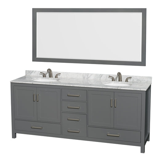 Wyndham Sheffield 80 Inch Double Bathroom Vanity in Dark Gray, White Carrara Marble Countertop, Undermount Oval Sinks, and 70 Inch Mirror- Wyndham