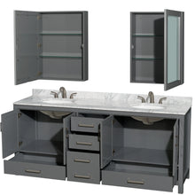 Load image into Gallery viewer, Wyndham Sheffield 80 Inch Double Bathroom Vanity in Dark Gray, White Carrara Marble Countertop, Undermount Oval Sinks, and Medicine Cabinets- Wyndham