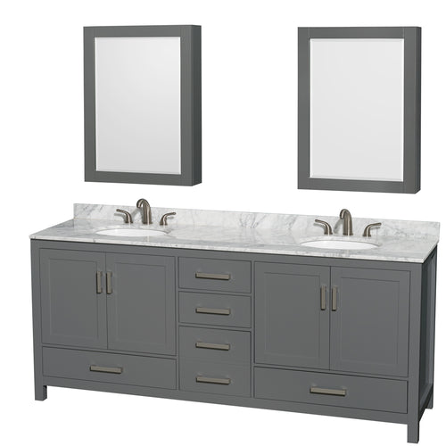 Wyndham Sheffield 80 Inch Double Bathroom Vanity in Dark Gray, White Carrara Marble Countertop, Undermount Oval Sinks, and Medicine Cabinets- Wyndham