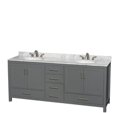 Load image into Gallery viewer, Wyndham Sheffield 80 Inch Double Bathroom Vanity in Dark Gray, White Carrara Marble Countertop, Undermount Oval Sinks, and No Mirror- Wyndham