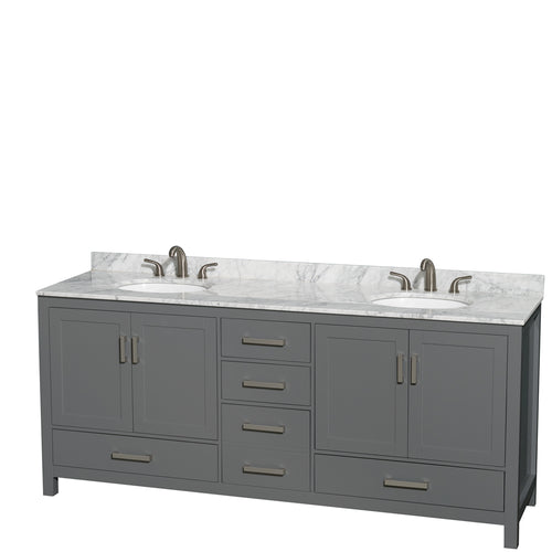 Wyndham Sheffield 80 Inch Double Bathroom Vanity in Dark Gray, White Carrara Marble Countertop, Undermount Oval Sinks, and No Mirror- Wyndham
