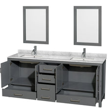 Load image into Gallery viewer, Wyndham Sheffield 80 Inch Double Bathroom Vanity in Dark Gray, White Carrara Marble Countertop, Undermount Square Sinks, and 24 Inch Mirrors- Wyndham
