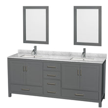 Load image into Gallery viewer, Wyndham Sheffield 80 Inch Double Bathroom Vanity in Dark Gray, White Carrara Marble Countertop, Undermount Square Sinks, and 24 Inch Mirrors- Wyndham