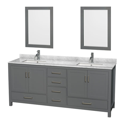Wyndham Sheffield 80 Inch Double Bathroom Vanity in Dark Gray, White Carrara Marble Countertop, Undermount Square Sinks, and 24 Inch Mirrors- Wyndham
