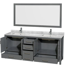 Load image into Gallery viewer, Wyndham Sheffield 80 Inch Double Bathroom Vanity in Dark Gray, White Carrara Marble Countertop, Undermount Square Sinks, and 70 Inch Mirror- Wyndham