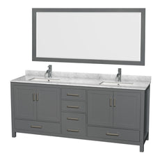 Load image into Gallery viewer, Wyndham Sheffield 80 Inch Double Bathroom Vanity in Dark Gray, White Carrara Marble Countertop, Undermount Square Sinks, and 70 Inch Mirror- Wyndham