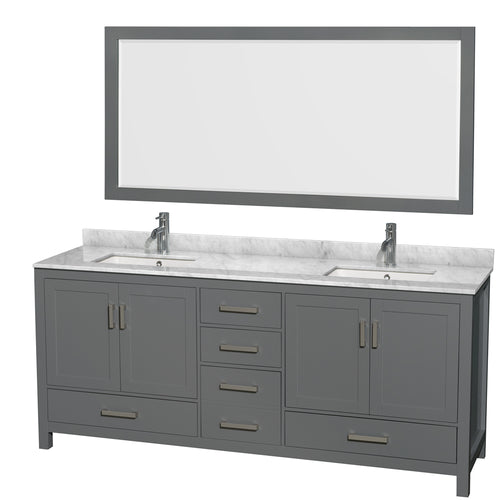 Wyndham Sheffield 80 Inch Double Bathroom Vanity in Dark Gray, White Carrara Marble Countertop, Undermount Square Sinks, and 70 Inch Mirror- Wyndham