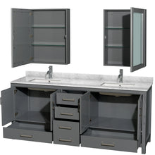 Load image into Gallery viewer, Wyndham Sheffield 80 Inch Double Bathroom Vanity in Dark Gray, White Carrara Marble Countertop, Undermount Square Sinks, and Medicine Cabinets- Wyndham
