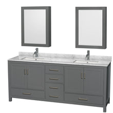 Load image into Gallery viewer, Wyndham Sheffield 80 Inch Double Bathroom Vanity in Dark Gray, White Carrara Marble Countertop, Undermount Square Sinks, and Medicine Cabinets- Wyndham