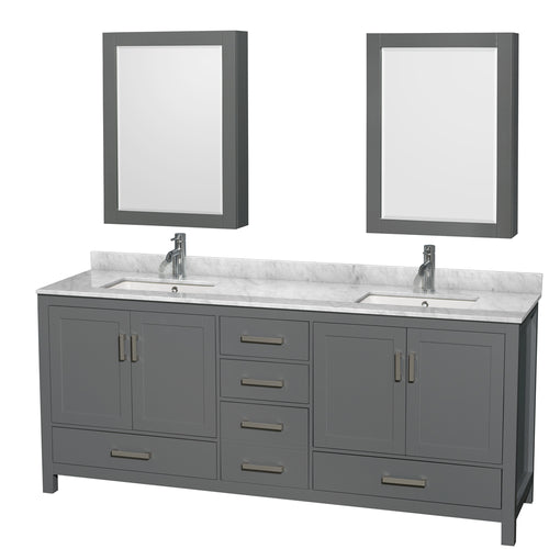 Wyndham Sheffield 80 Inch Double Bathroom Vanity in Dark Gray, White Carrara Marble Countertop, Undermount Square Sinks, and Medicine Cabinets- Wyndham