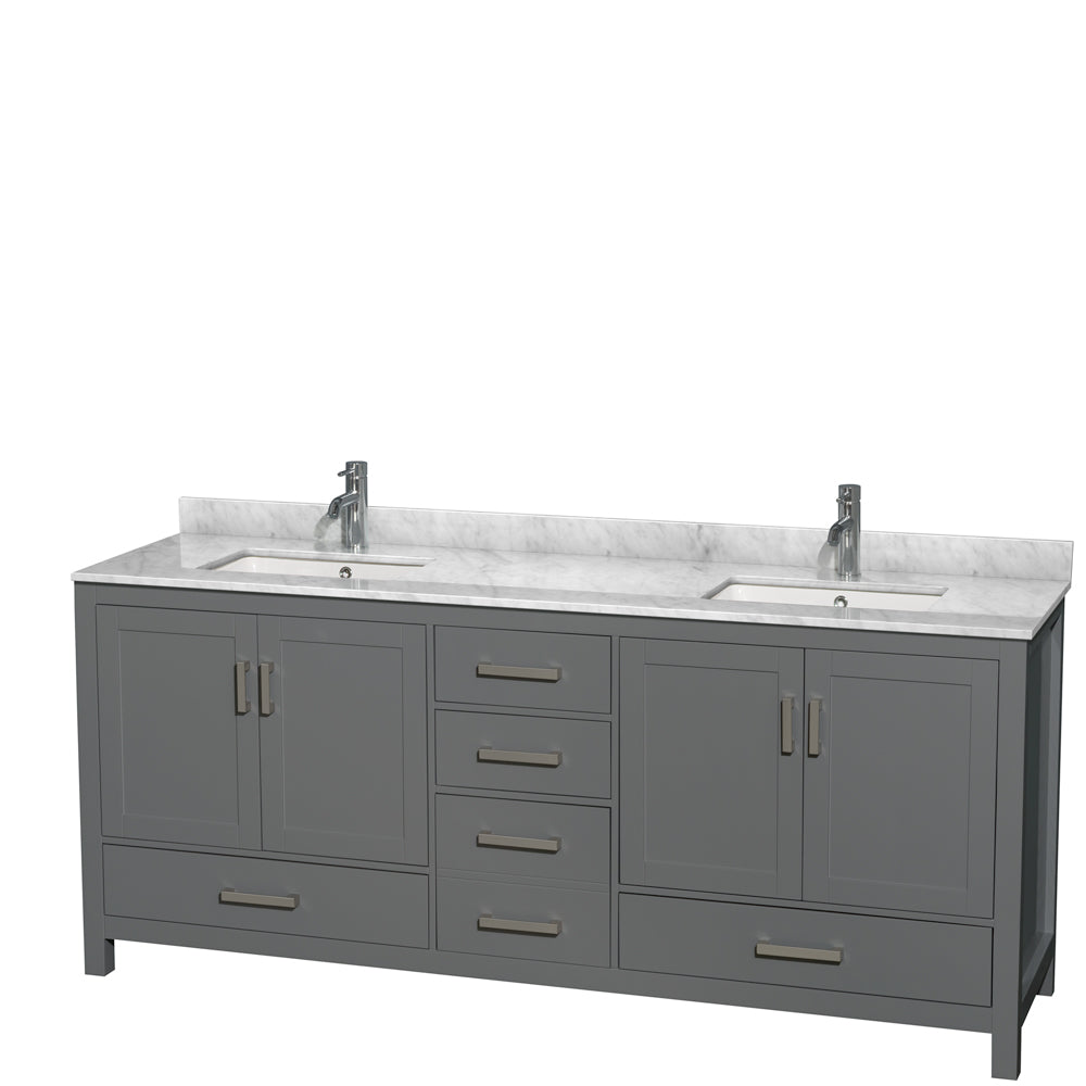 Wyndham Sheffield 80 Inch Double Bathroom Vanity in Dark Gray, White Carrara Marble Countertop, Undermount Square Sinks, and No Mirror- Wyndham