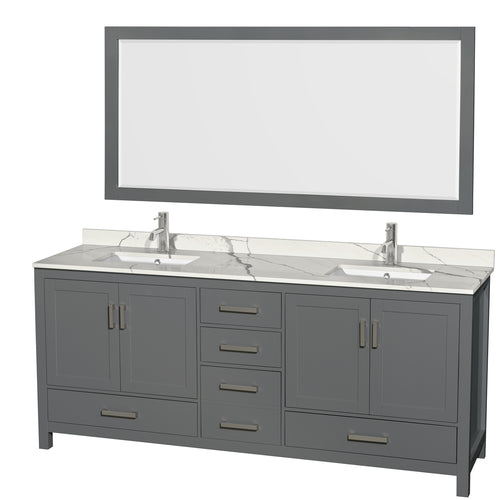 Wyndham Sheffield 80 Inch Double Bathroom Vanity in Dark Gray, Calacatta Quartz Countertop, Undermount Square Sinks, 70 Inch Mirror- Wyndham