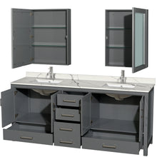 Load image into Gallery viewer, Wyndham Sheffield 80 Inch Double Bathroom Vanity in Dark Gray, Calacatta Quartz Countertop, Undermount Square Sinks, Medicine Cabinets- Wyndham
