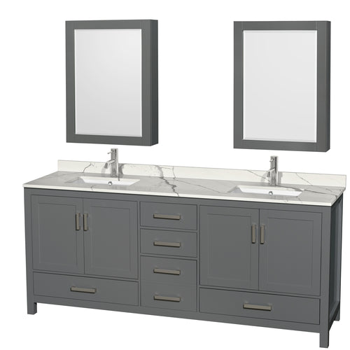 Wyndham Sheffield 80 Inch Double Bathroom Vanity in Dark Gray, Calacatta Quartz Countertop, Undermount Square Sinks, Medicine Cabinets- Wyndham