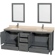 Load image into Gallery viewer, Wyndham Sheffield 80 Inch Double Bathroom Vanity in Dark Gray, Ivory Marble Countertop, Undermount Square Sinks, and 24 Inch Mirrors- Wyndham