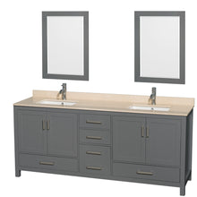 Load image into Gallery viewer, Wyndham Sheffield 80 Inch Double Bathroom Vanity in Dark Gray, Ivory Marble Countertop, Undermount Square Sinks, and 24 Inch Mirrors- Wyndham