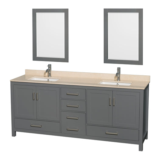 Wyndham Sheffield 80 Inch Double Bathroom Vanity in Dark Gray, Ivory Marble Countertop, Undermount Square Sinks, and 24 Inch Mirrors- Wyndham