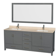 Load image into Gallery viewer, Wyndham Sheffield 80 Inch Double Bathroom Vanity in Dark Gray, Ivory Marble Countertop, Undermount Square Sinks, and 70 Inch Mirror- Wyndham