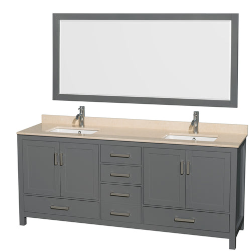 Wyndham Sheffield 80 Inch Double Bathroom Vanity in Dark Gray, Ivory Marble Countertop, Undermount Square Sinks, and 70 Inch Mirror- Wyndham