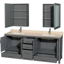 Load image into Gallery viewer, Wyndham Sheffield 80 Inch Double Bathroom Vanity in Dark Gray, Ivory Marble Countertop, Undermount Square Sinks, and Medicine Cabinets- Wyndham