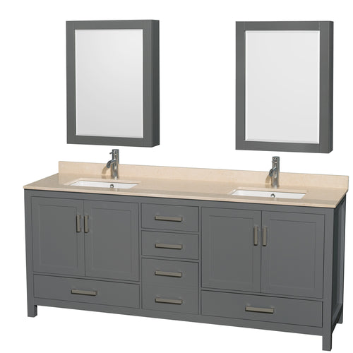 Wyndham Sheffield 80 Inch Double Bathroom Vanity in Dark Gray, Ivory Marble Countertop, Undermount Square Sinks, and Medicine Cabinets- Wyndham