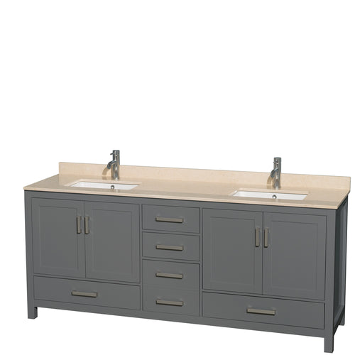 Wyndham Sheffield 80 Inch Double Bathroom Vanity in Dark Gray, Ivory Marble Countertop, Undermount Square Sinks, and No Mirror- Wyndham