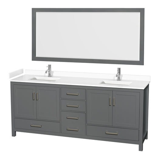 Wyndham Sheffield 80 Inch Double Bathroom Vanity in Dark Gray, White Cultured Marble Countertop, Undermount Square Sinks, 70 Inch Mirror- Wyndham
