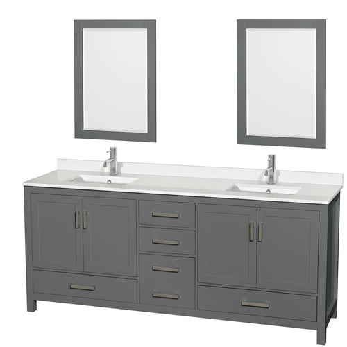 Wyndham Sheffield 80 Inch Double Bathroom Vanity in Dark Gray, White Quartz Countertop, Undermount Square Sinks, 24 Inch Mirrors- Wyndham
