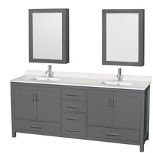 Load image into Gallery viewer, Wyndham Sheffield 80 Inch Double Bathroom Vanity in Dark Gray, White Quartz Countertop, Undermount Square Sinks, Medicine Cabinets- Wyndham
