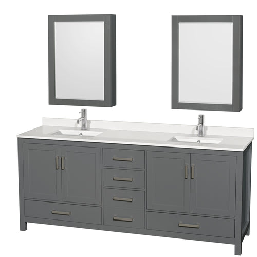Wyndham Sheffield 80 Inch Double Bathroom Vanity in Dark Gray, White Quartz Countertop, Undermount Square Sinks, Medicine Cabinets- Wyndham