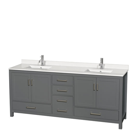 Wyndham Sheffield 80 Inch Double Bathroom Vanity in Dark Gray, White Quartz Countertop, Undermount Square Sinks, No Mirror- Wyndham