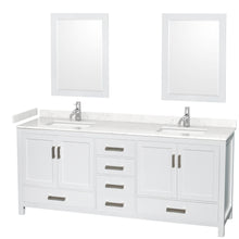 Load image into Gallery viewer, Wyndham Sheffield 80 Inch Double Bathroom Vanity in White, Carrara Cultured Marble Countertop, Undermount Square Sinks, 24 Inch Mirrors- Wyndham
