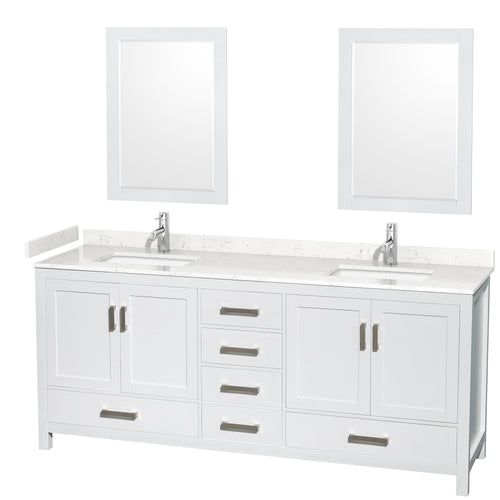 Wyndham Sheffield 80 Inch Double Bathroom Vanity in White, Carrara Cultured Marble Countertop, Undermount Square Sinks, 24 Inch Mirrors- Wyndham