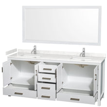 Load image into Gallery viewer, Wyndham Sheffield 80 Inch Double Bathroom Vanity in White, Carrara Cultured Marble Countertop, Undermount Square Sinks, 70 Inch Mirror- Wyndham