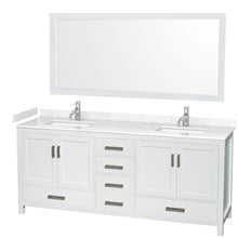 Load image into Gallery viewer, Wyndham Sheffield 80 Inch Double Bathroom Vanity in White, Carrara Cultured Marble Countertop, Undermount Square Sinks, 70 Inch Mirror- Wyndham