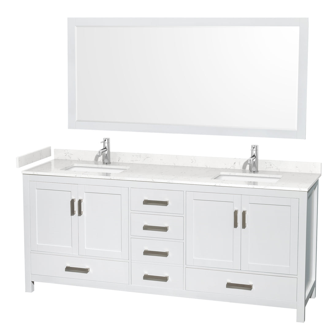 Wyndham Sheffield 80 Inch Double Bathroom Vanity in White, Carrara Cultured Marble Countertop, Undermount Square Sinks, 70 Inch Mirror- Wyndham