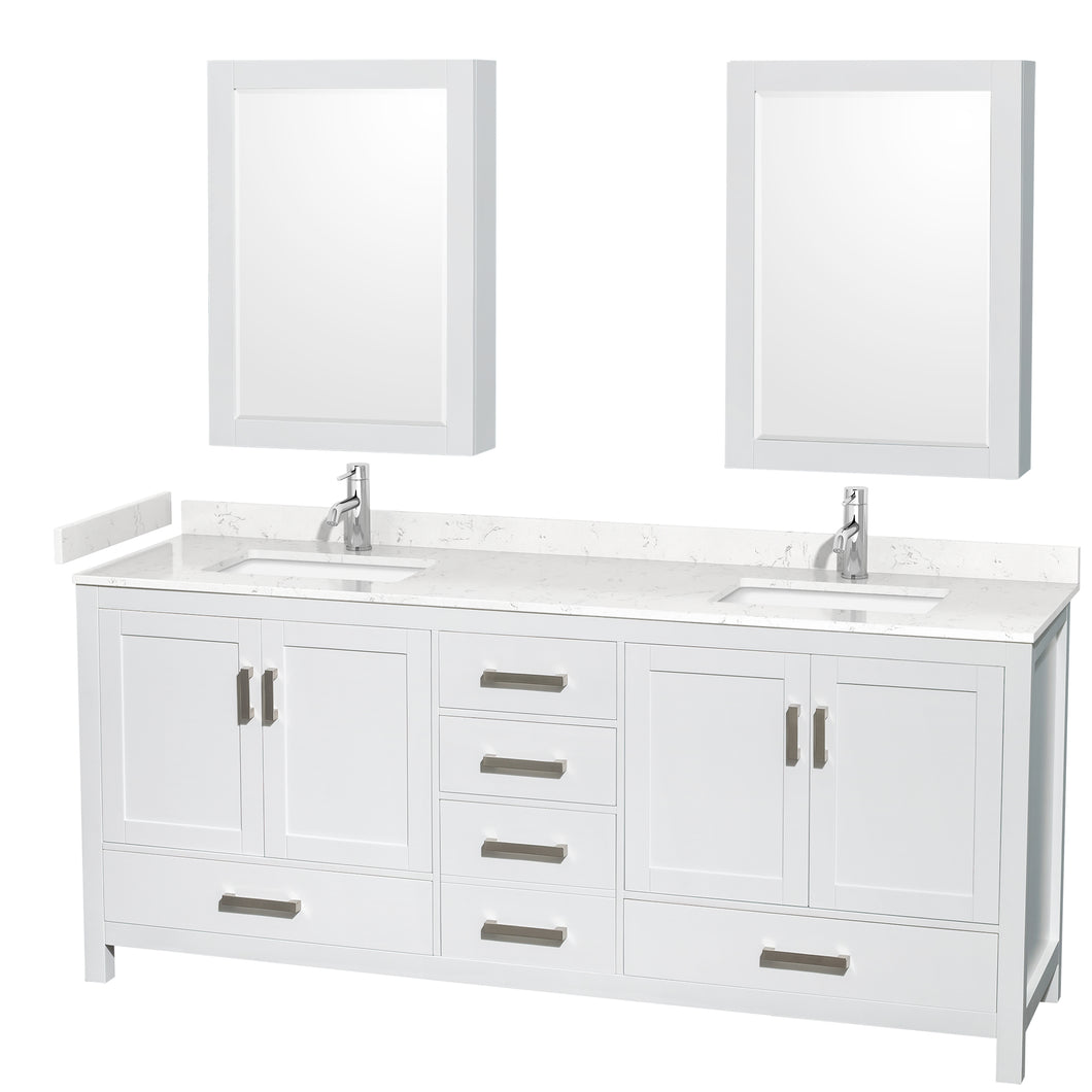 Wyndham Sheffield 80 Inch Double Bathroom Vanity in White, Carrara Cultured Marble Countertop, Undermount Square Sinks, Medicine Cabinets- Wyndham