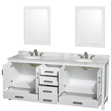 Load image into Gallery viewer, Wyndham Sheffield 80 Inch Double Bathroom Vanity in White, White Carrara Marble Countertop, Undermount Oval Sinks, and 24 Inch Mirrors- Wyndham