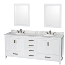 Load image into Gallery viewer, Wyndham Sheffield 80 Inch Double Bathroom Vanity in White, White Carrara Marble Countertop, Undermount Oval Sinks, and 24 Inch Mirrors- Wyndham