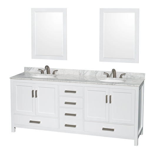 Wyndham Sheffield 80 Inch Double Bathroom Vanity in White, White Carrara Marble Countertop, Undermount Oval Sinks, and 24 Inch Mirrors- Wyndham