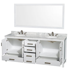 Load image into Gallery viewer, Wyndham Sheffield 80 Inch Double Bathroom Vanity in White, White Carrara Marble Countertop, Undermount Oval Sinks, and 70 Inch Mirror- Wyndham